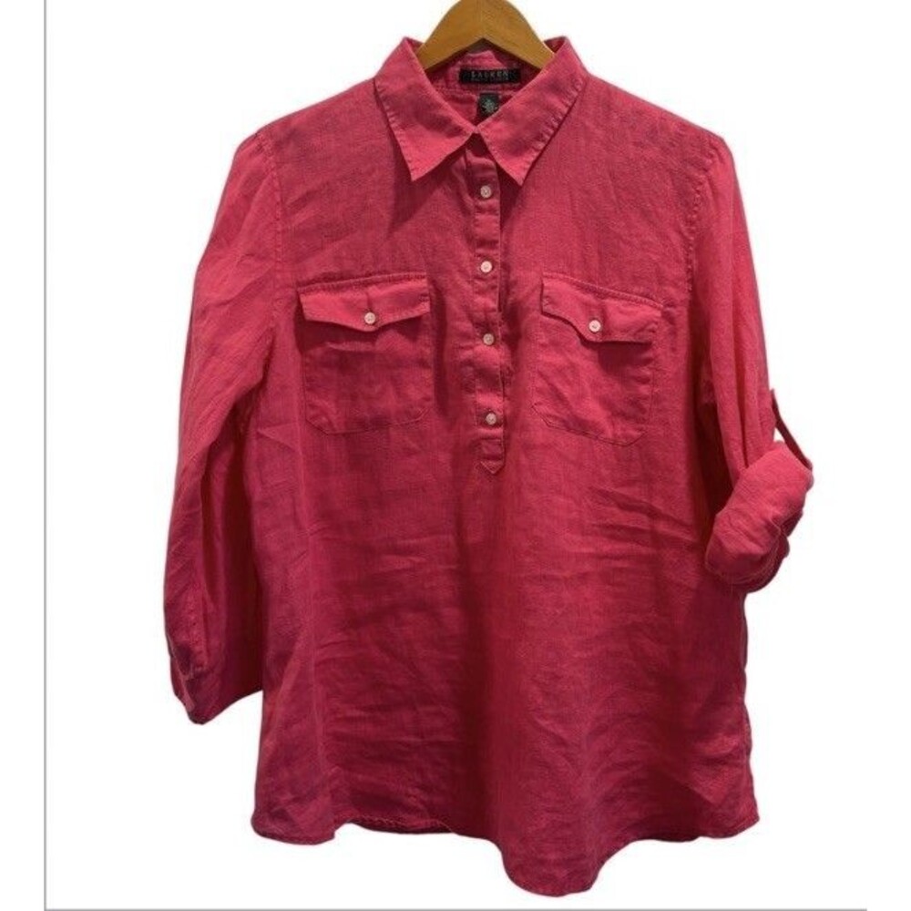 Lauren Ralph Lauren XL Pink 100% Linen Shirt Roll Tab Sleeves Button Up Popover